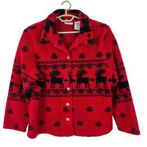 White Stag Fleece Jacket Red Black Reindeer Holiday XL cozy